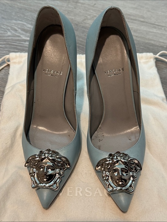 Versace Powder Blue Leather Medusa-Embellished Stiletto Pumps